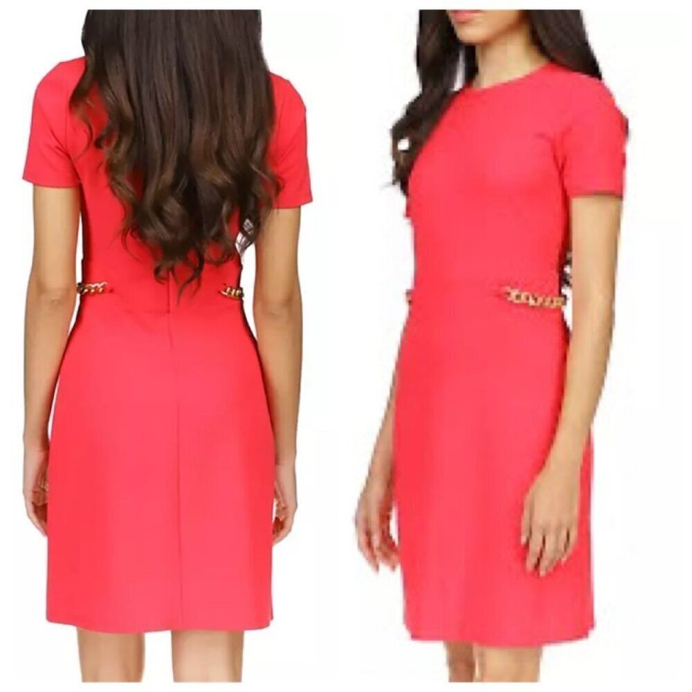 Michael Michael Kors Coral Pink Short Sleeve Sheath Dress Gold Chain Waist PXL - Picture 2 of 12
